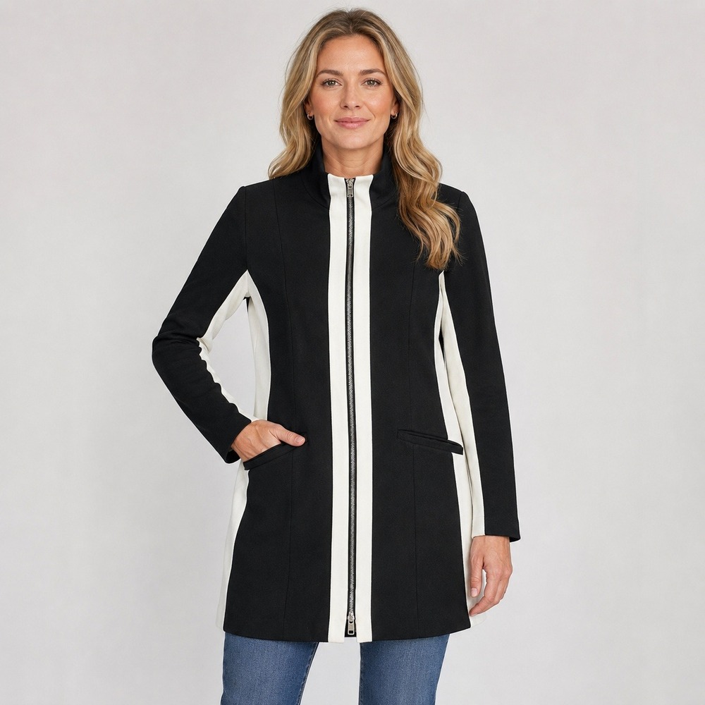 Pure Amici Women's Small Black White Ponte Zip Front Long Jacket Colorblock